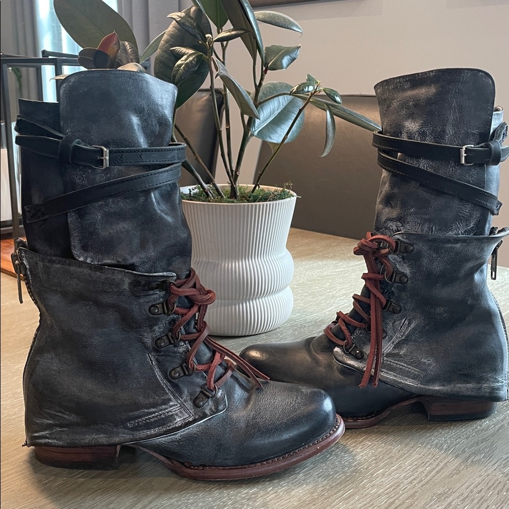 Freebird by Steven Distressed Black Leather Combat Boots with Brown Accents - Picture 11 of 14